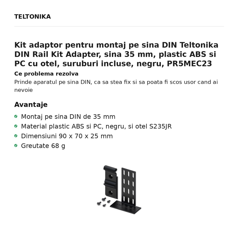Kit adaptor pentru montaj pe sina DIN Teltonika DIN Rail Kit Adapter, sina 35 mm, plastic ABS si PC cu otel, suruburi incluse, negru, PR5MEC23 [2]
