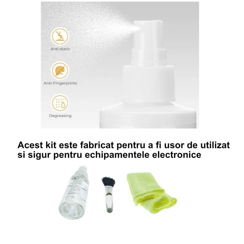 Kit curatare ecrane cu 3 componente, pentru LCD, cu spray, perie moale si laveta microfibra, pentru monitoare, telefoane, tablete [4]