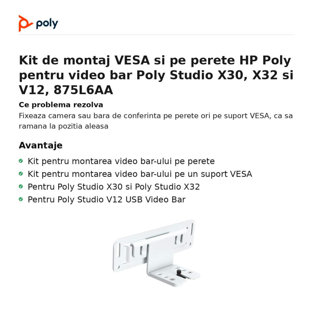 Kit de montaj VESA si pe perete HP Poly pentru video bar Poly Studio X30, X32 si V12, 875L6AA [2]