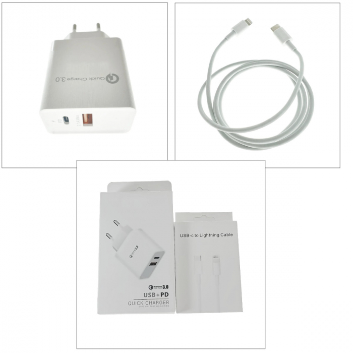 Kit incarcator retea QC 3.0 PD 3.4A, 2 porturi USB-C si USB, cu cablu USB-C tata la tip lightning, 18W, lungime 1m, alb [3]