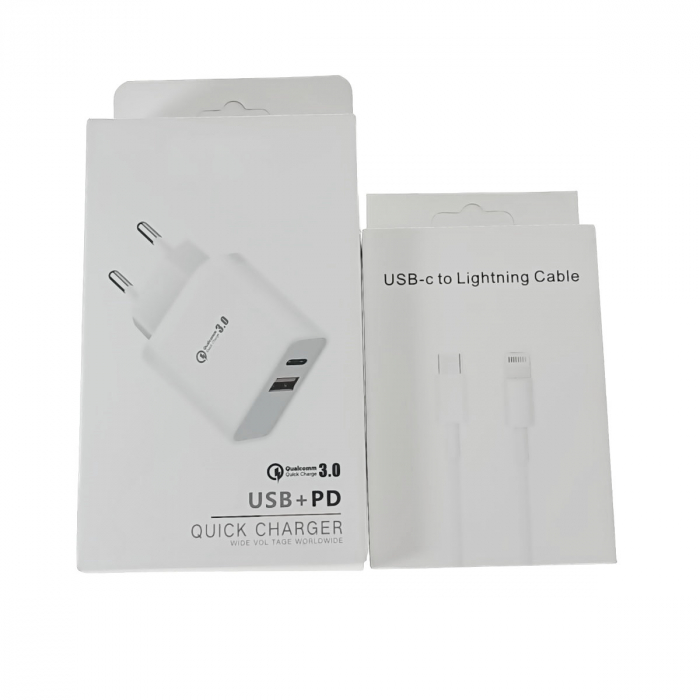 Kit incarcator retea QC 3.0 PD 3.4A, 2 porturi USB-C si USB, cu cablu USB-C tata la tip lightning, 18W, lungime 1m, alb [4]