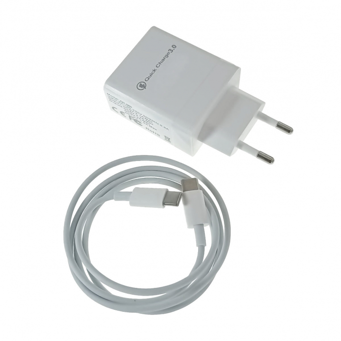 Kit incarcator retea QC 3.0 PD 3.4A, 2 porturi USB-C si USB, cu cablu USB-C tata-tata, 18W, lungime 1m, alb [2]