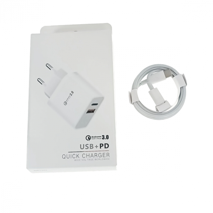 Kit incarcator retea QC 3.0 PD 3.4A, 2 porturi USB-C si USB, cu cablu USB-C tata-tata, 18W, lungime 1m, alb [3]