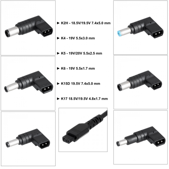 Kit incarcator universal notebook 65W, cu 6 mufe adaptoare, cablu 1.2m, Akyga, 18.5V / 19V / 19.5V / 20V, iesire curent 3.5 A, cu protectie la alimentare [3]