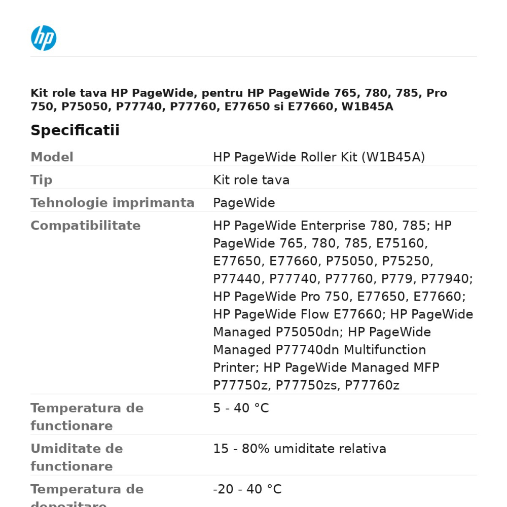 Kit role tava HP PageWide, pentru HP PageWide 765, 780, 785, Pro 750, P75050, P77740, P77760, E77650 si E77660, W1B45A [3]