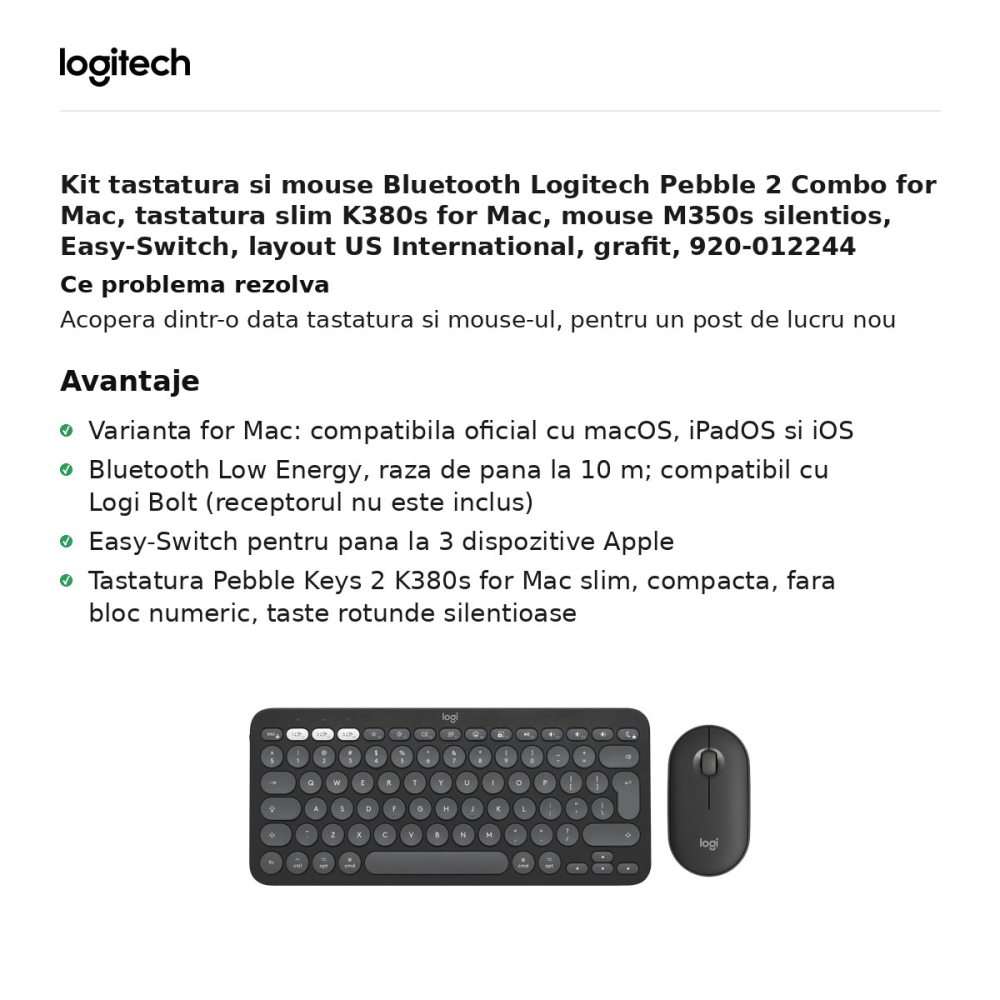 Kit tastatura si mouse Bluetooth Logitech Pebble 2 Combo for Mac, tastatura slim K380s for Mac, mouse M350s silentios, Easy-Switch, layout US International, grafit, 920-012244 [2]
