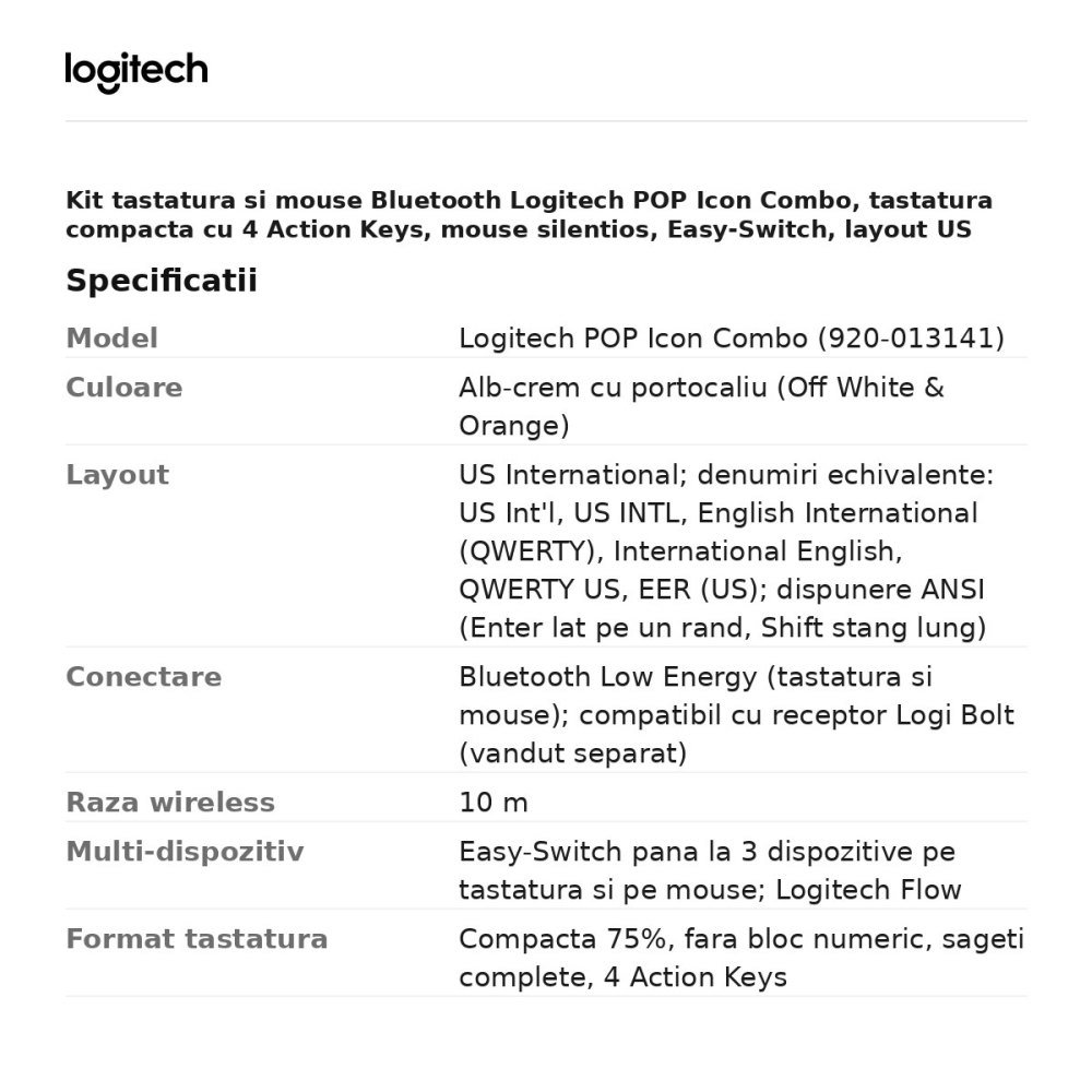 Kit tastatura si mouse Bluetooth Logitech POP Icon Combo, tastatura compacta cu 4 Action Keys, mouse silentios, Easy-Switch, layout US International, alb-crem cu portocaliu, 920-013141 [3]