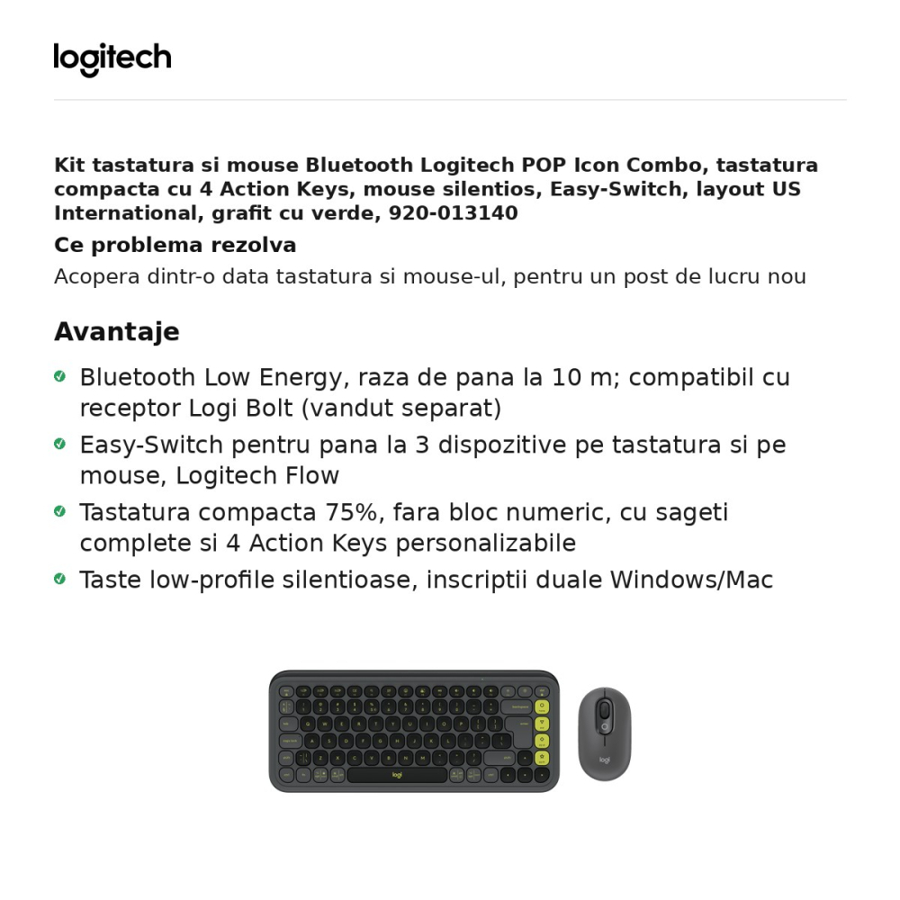 Kit tastatura si mouse Bluetooth Logitech POP Icon Combo, tastatura compacta cu 4 Action Keys, mouse silentios, Easy-Switch, layout US International, grafit cu verde, 920-013140 [2]