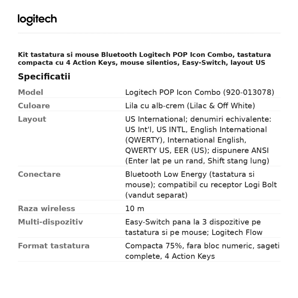 Kit tastatura si mouse Bluetooth Logitech POP Icon Combo, tastatura compacta cu 4 Action Keys, mouse silentios, Easy-Switch, layout US International, lila cu alb-crem, 920-013078 [3]