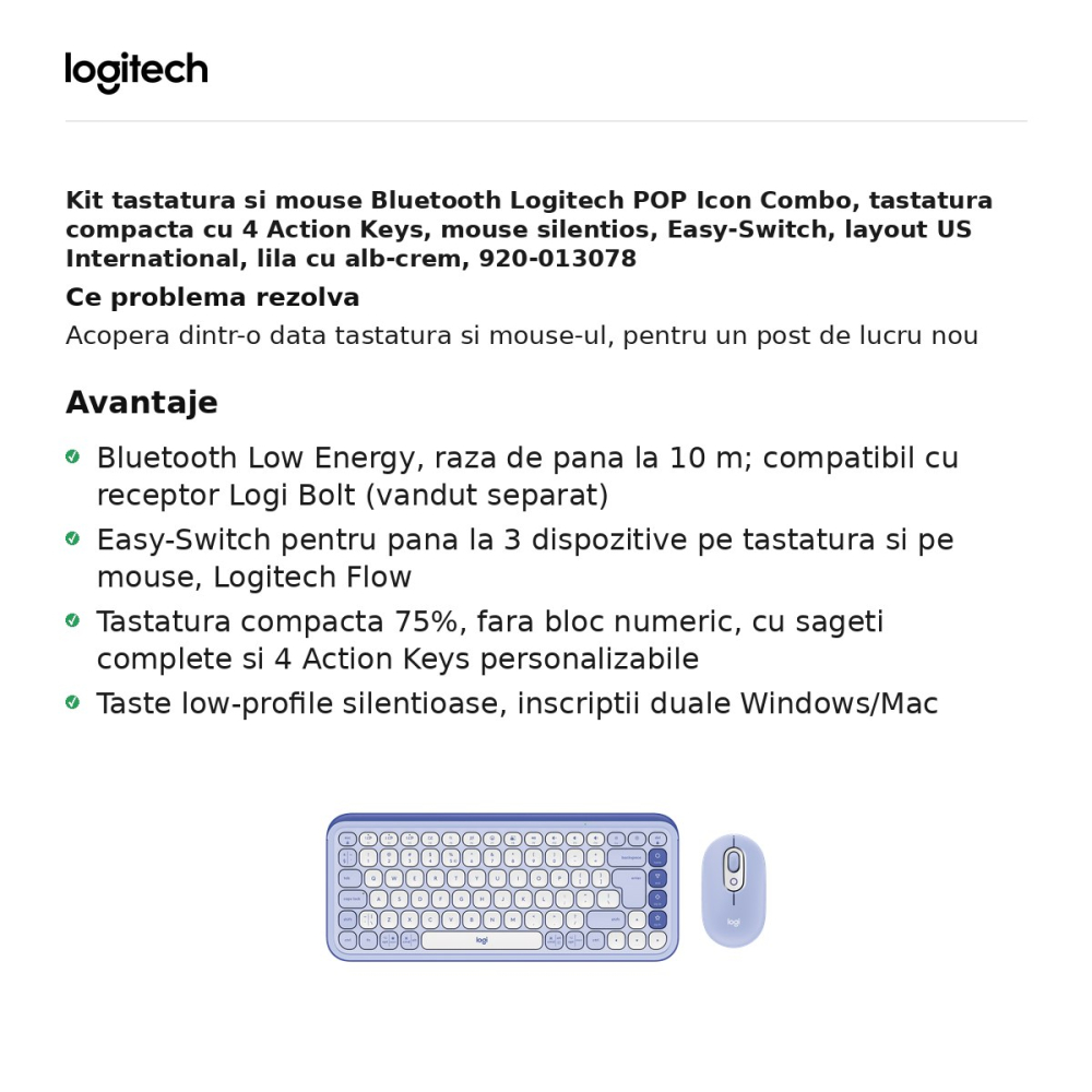 Kit tastatura si mouse Bluetooth Logitech POP Icon Combo, tastatura compacta cu 4 Action Keys, mouse silentios, Easy-Switch, layout US International, lila cu alb-crem, 920-013078 [2]