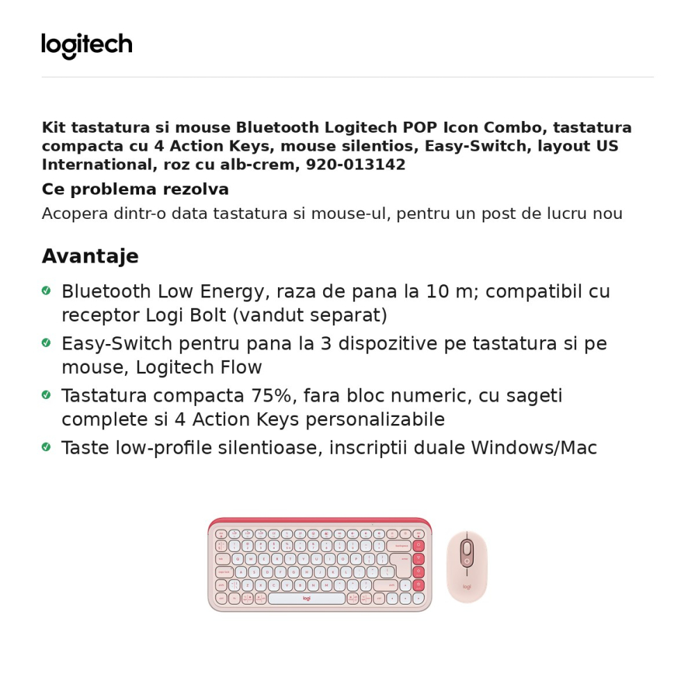Kit tastatura si mouse Bluetooth Logitech POP Icon Combo, tastatura compacta cu 4 Action Keys, mouse silentios, Easy-Switch, layout US International, roz cu alb-crem, 920-013142 [2]