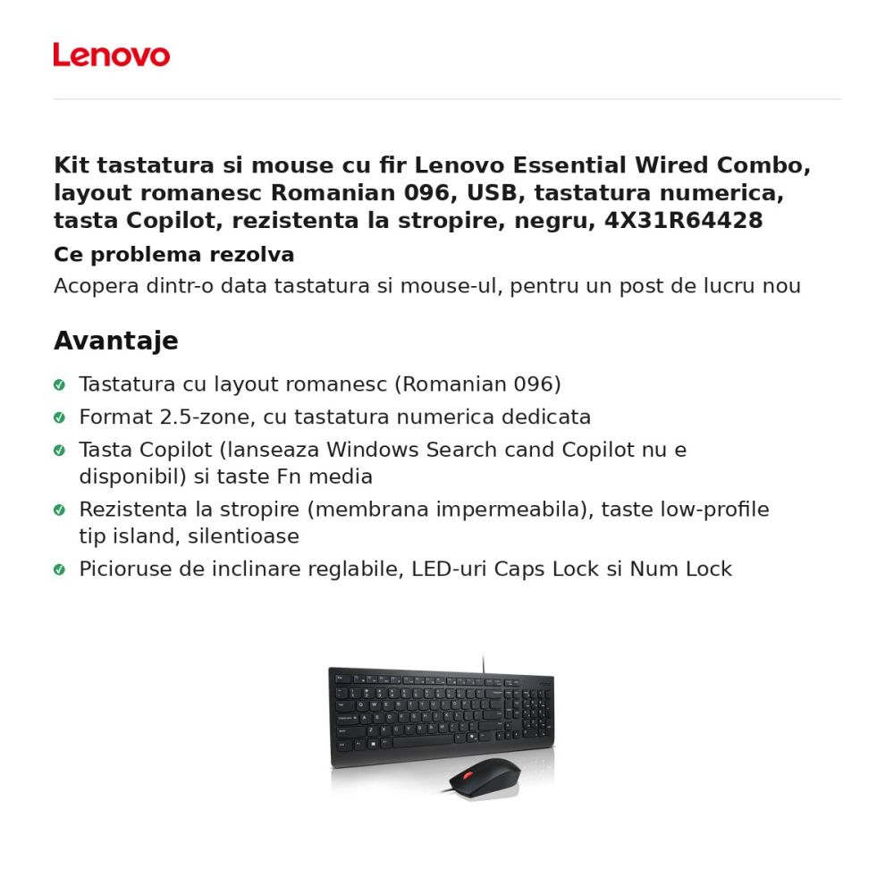 Kit tastatura si mouse cu fir Lenovo Essential Wired Combo, layout romanesc Romanian 096, USB, tastatura numerica, tasta Copilot, rezistenta la stropire, negru, 4X31R64428 [2]