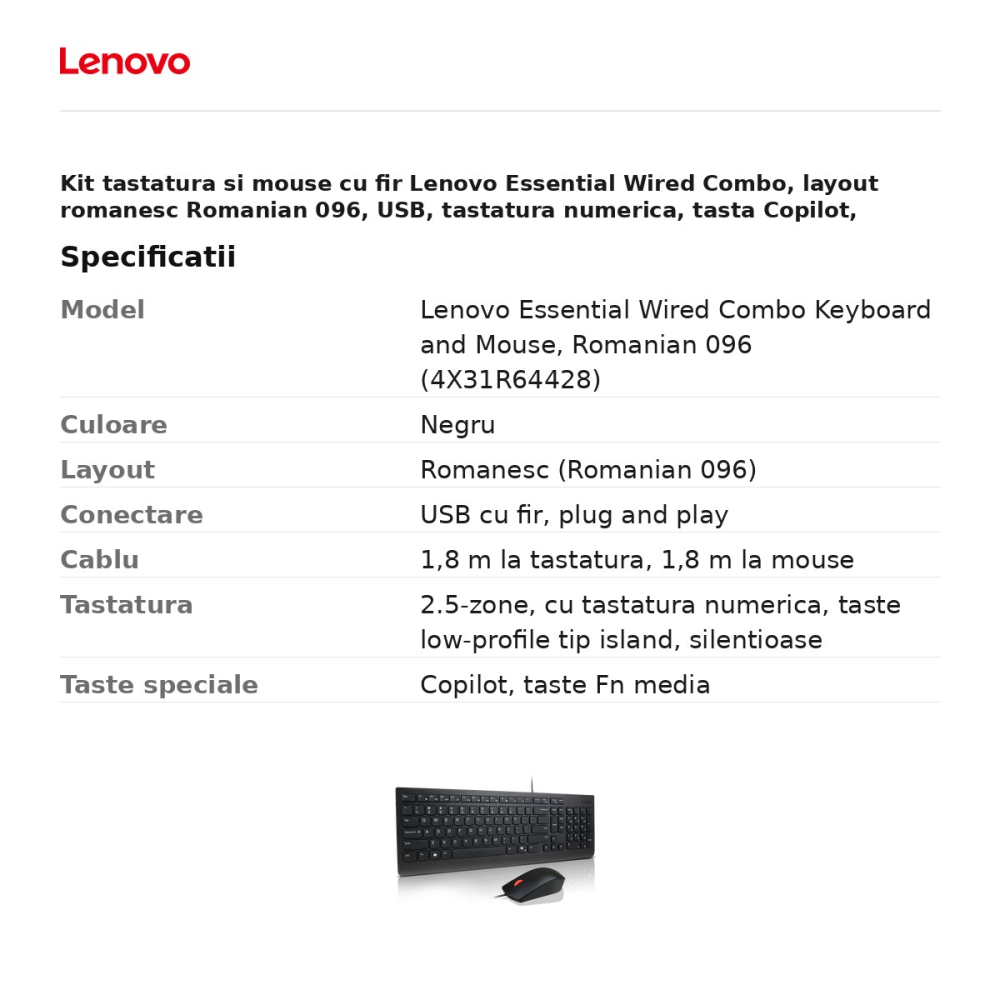 Kit tastatura si mouse cu fir Lenovo Essential Wired Combo, layout romanesc Romanian 096, USB, tastatura numerica, tasta Copilot, rezistenta la stropire, negru, 4X31R64428 [3]