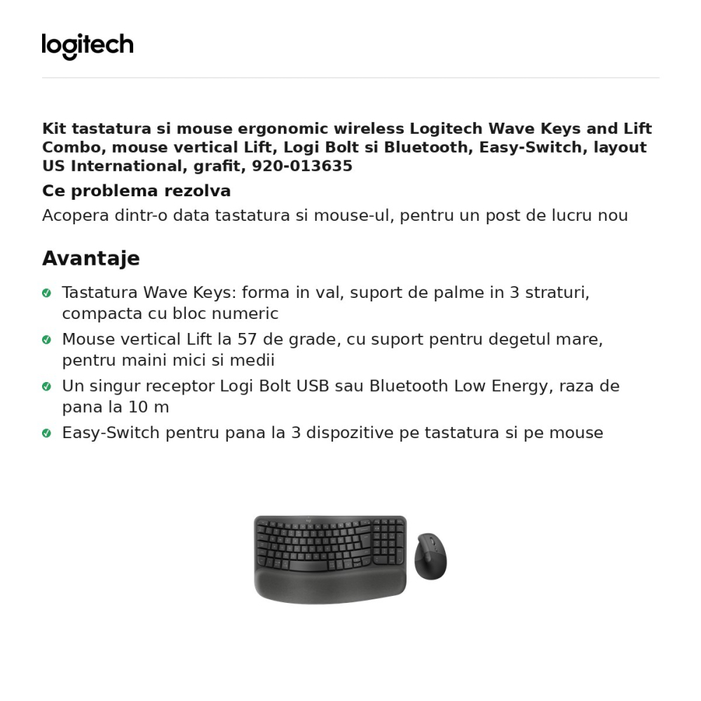 Kit tastatura si mouse ergonomic wireless Logitech Wave Keys and Lift Combo, mouse vertical Lift, Logi Bolt si Bluetooth, Easy-Switch, layout US International, grafit, 920-013635 [2]