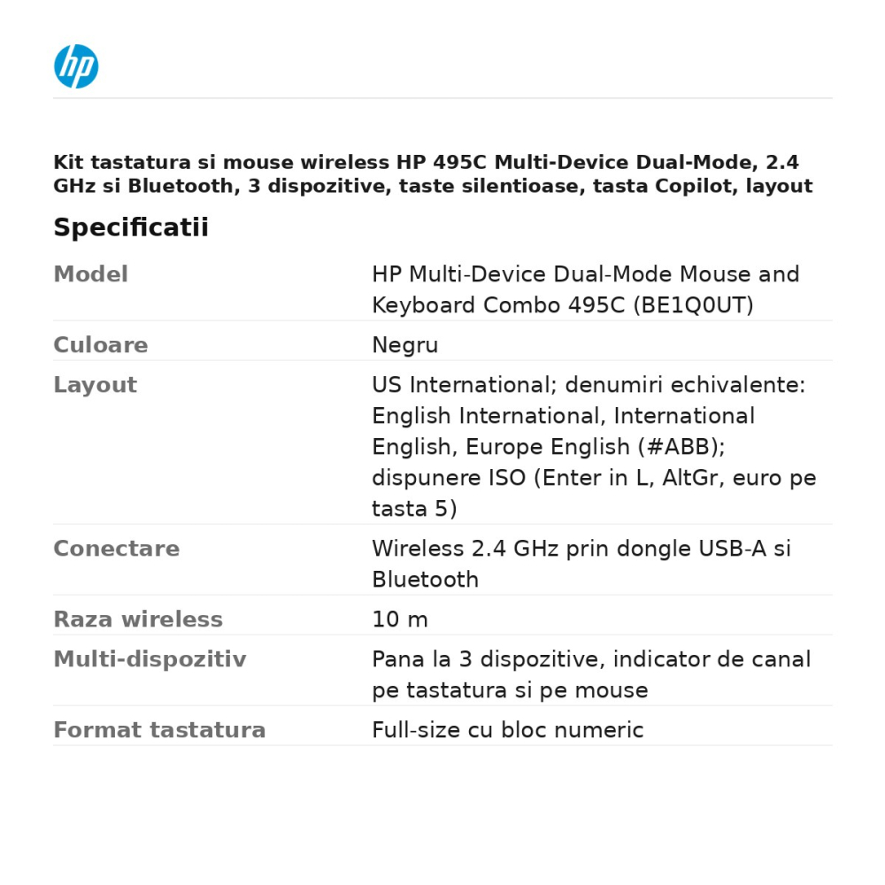 Kit tastatura si mouse wireless HP 495C Multi-Device Dual-Mode, 2.4 GHz si Bluetooth, 3 dispozitive, taste silentioase, tasta Copilot, layout US International ISO, negru, BE1Q0UT [3]