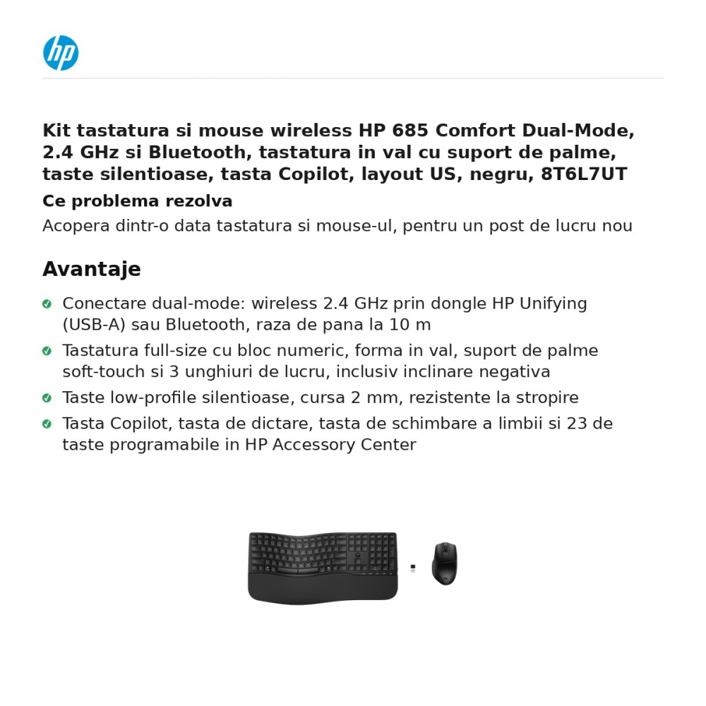 Kit tastatura si mouse wireless HP 685 Comfort Dual-Mode, 2.4 GHz si Bluetooth, tastatura in val cu suport de palme, taste silentioase, tasta Copilot, layout US, negru, 8T6L7UT [2]