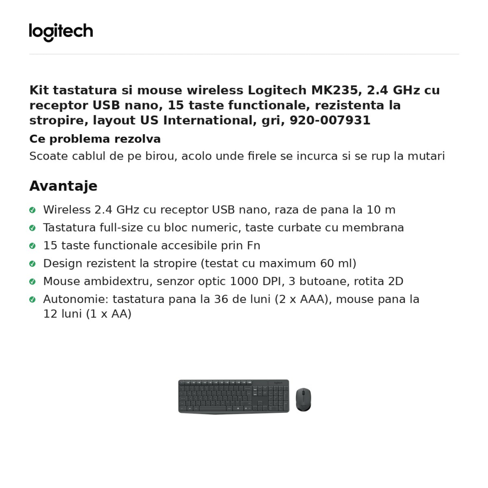 Kit tastatura si mouse wireless Logitech MK235, 2.4 GHz cu receptor USB nano, 15 taste functionale, rezistenta la stropire, layout US International, gri, 920-007931 [2]