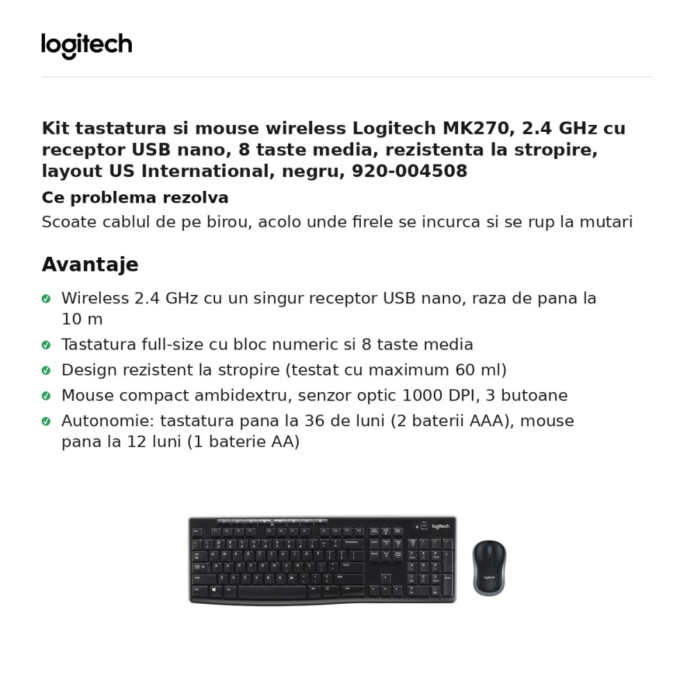 Kit tastatura si mouse wireless Logitech MK270, 2.4 GHz cu receptor USB nano, 8 taste media, rezistenta la stropire, layout US International, negru, 920-004508 [2]