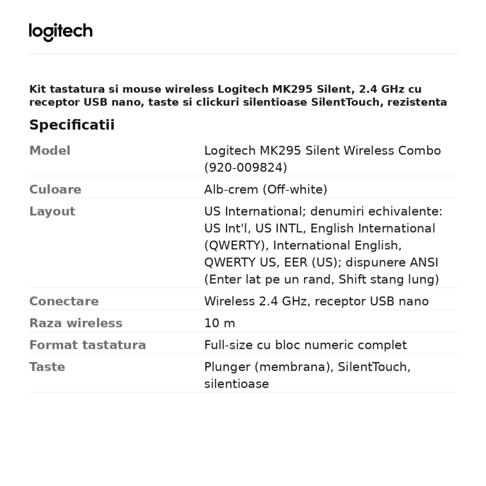 Kit tastatura si mouse wireless Logitech MK295 Silent, 2.4 GHz cu receptor USB nano, taste si clickuri silentioase SilentTouch, rezistenta la stropire, layout US International, alb-crem, 920-009824 [3]