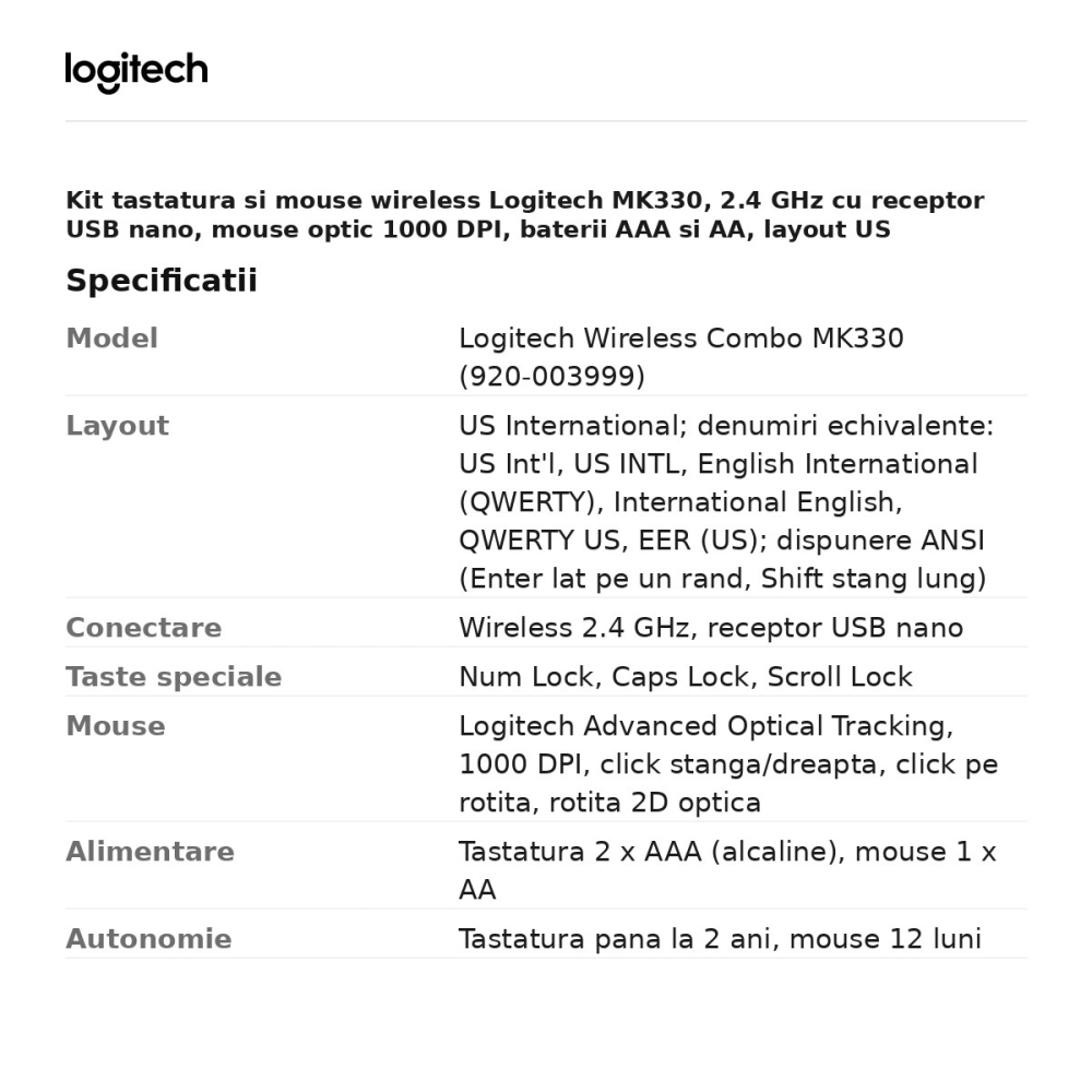 Kit tastatura si mouse wireless Logitech MK330, 2.4 GHz cu receptor USB nano, mouse optic 1000 DPI, baterii AAA si AA, layout US International, 920-003999 [3]