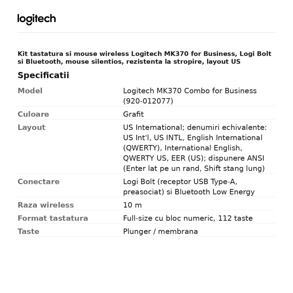 Kit tastatura si mouse wireless Logitech MK370 for Business, Logi Bolt si Bluetooth, mouse silentios, rezistenta la stropire, layout US International, grafit, 920-012077 [3]