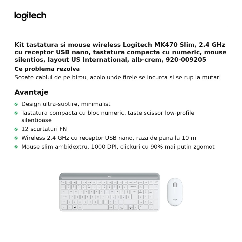 Kit tastatura si mouse wireless Logitech MK470 Slim, 2.4 GHz cu receptor USB nano, tastatura compacta cu numeric, mouse silentios, layout US International, alb-crem, 920-009205 [2]