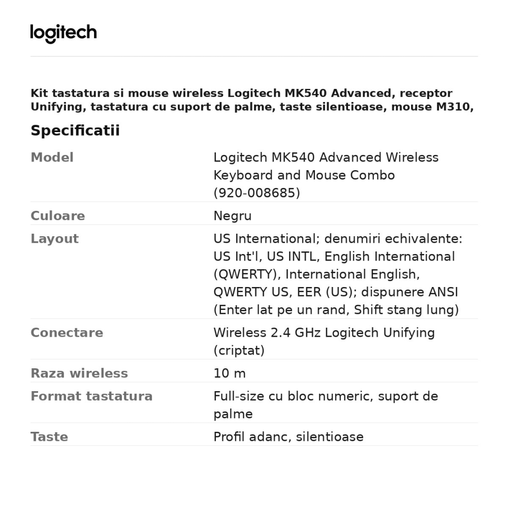 Kit tastatura si mouse wireless Logitech MK540 Advanced, receptor Unifying, tastatura cu suport de palme, taste silentioase, mouse M310, layout US International, negru, 920-008685 [3]