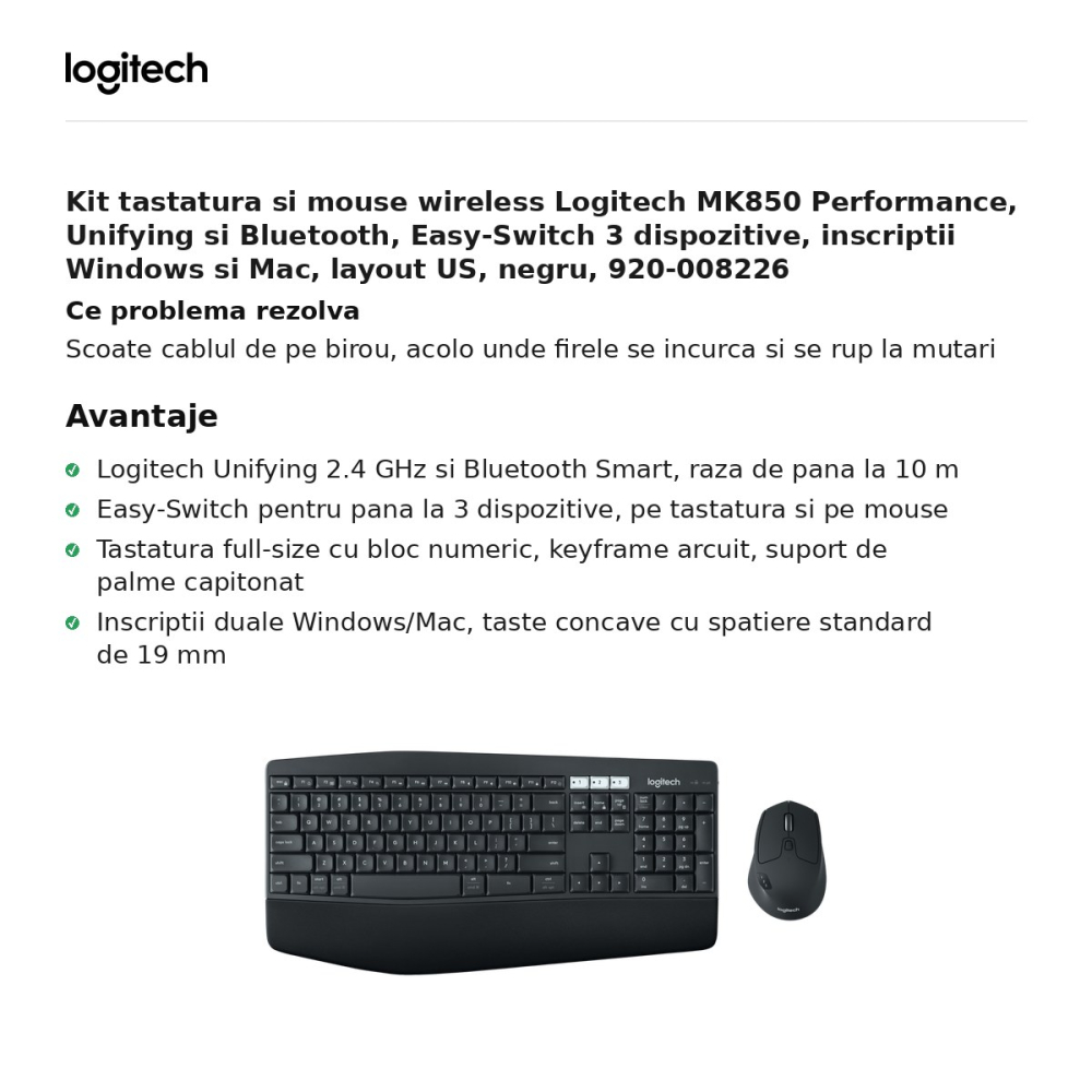 Kit tastatura si mouse wireless Logitech MK850 Performance, Unifying si Bluetooth, Easy-Switch 3 dispozitive, inscriptii Windows si Mac, layout US, negru, 920-008226 [2]