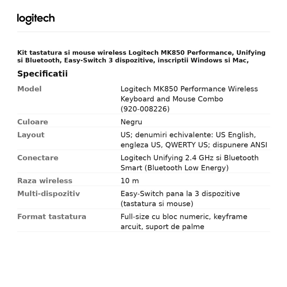 Kit tastatura si mouse wireless Logitech MK850 Performance, Unifying si Bluetooth, Easy-Switch 3 dispozitive, inscriptii Windows si Mac, layout US, negru, 920-008226 [3]