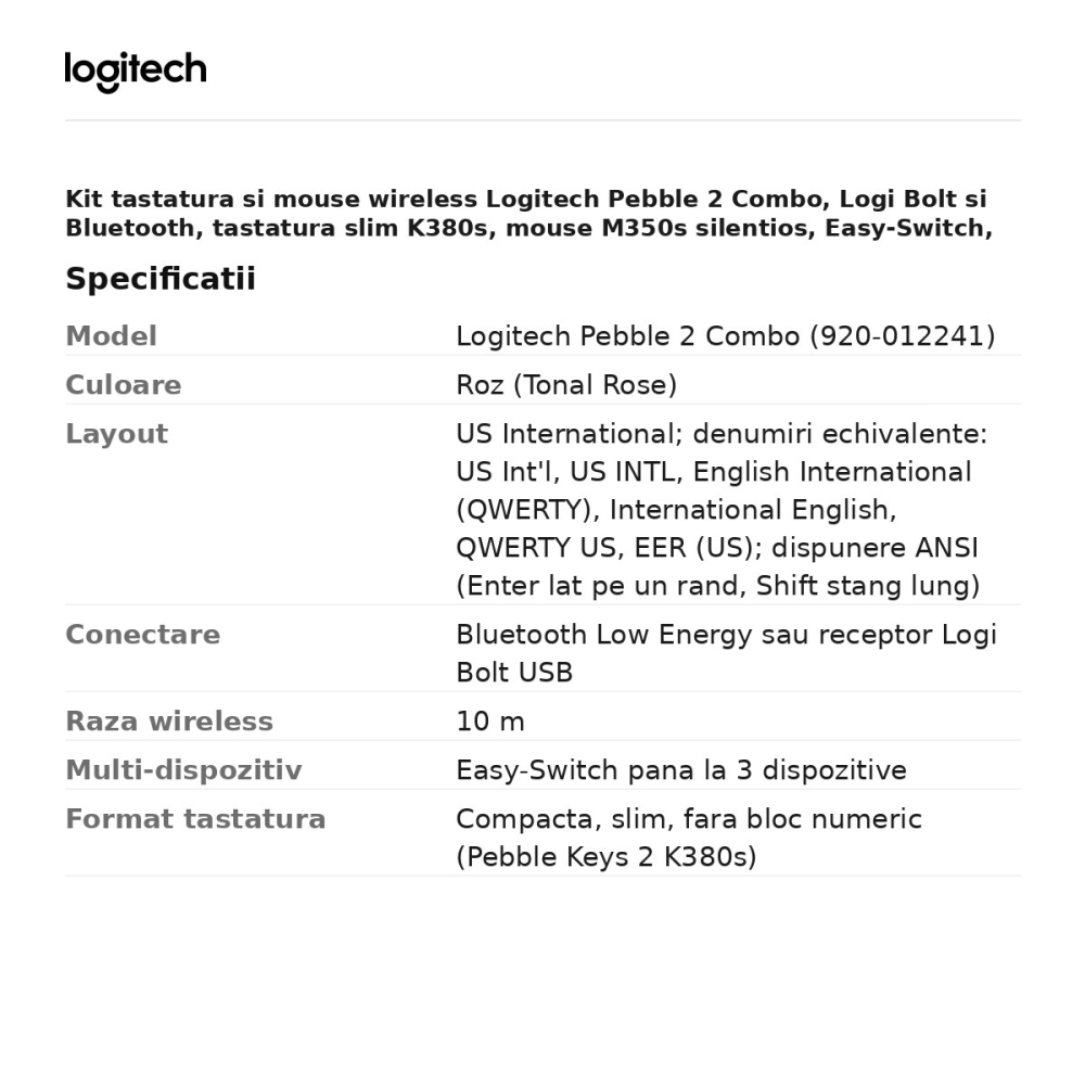 Kit tastatura si mouse wireless Logitech Pebble 2 Combo, Logi Bolt si Bluetooth, tastatura slim K380s, mouse M350s silentios, Easy-Switch, layout US International, roz, 920-012241 [3]