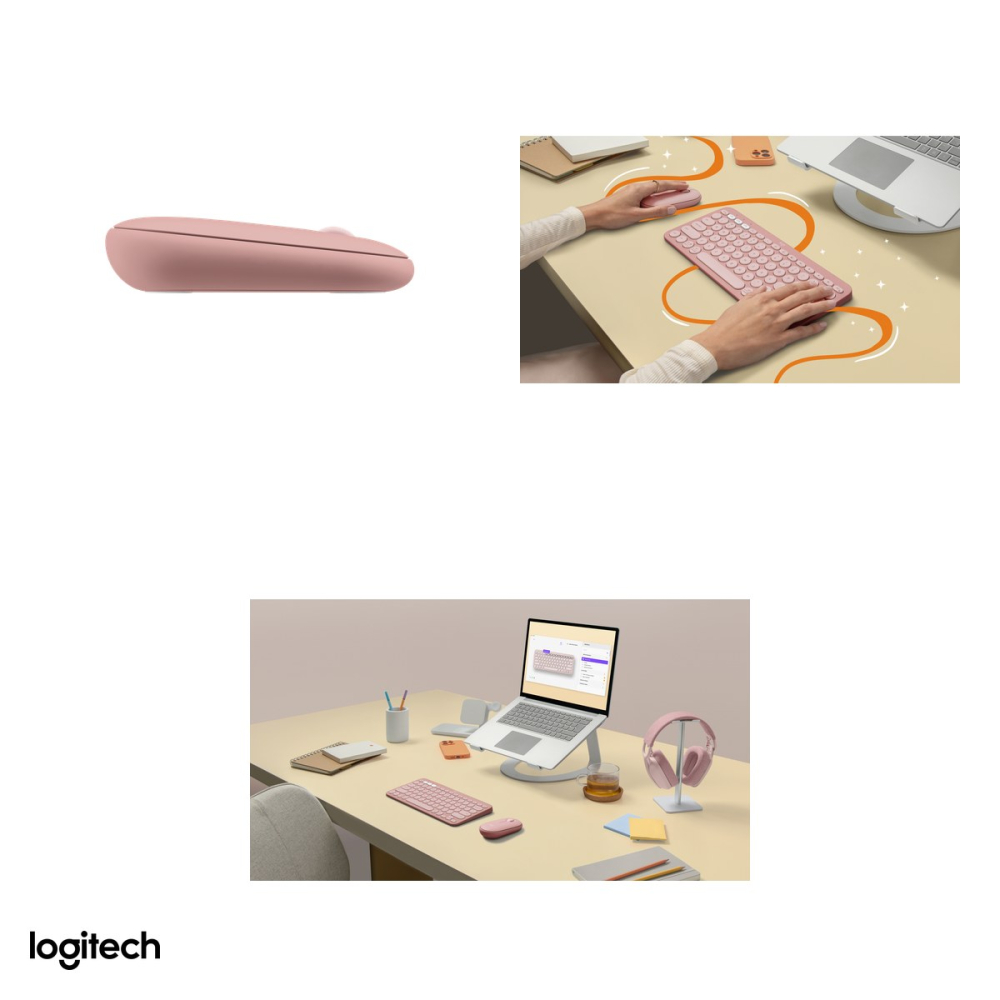Kit tastatura si mouse wireless Logitech Pebble 2 Combo, Logi Bolt si Bluetooth, tastatura slim K380s, mouse M350s silentios, Easy-Switch, layout US International, roz, 920-012241 [5]