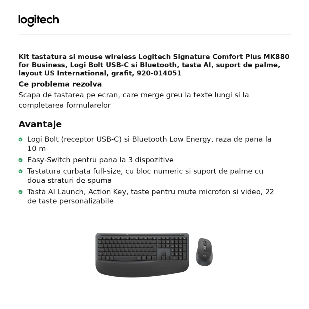 Kit tastatura si mouse wireless Logitech Signature Comfort Plus MK880 for Business, Logi Bolt USB-C si Bluetooth, tasta AI, suport de palme, layout US International, grafit, 920-014051 [2]
