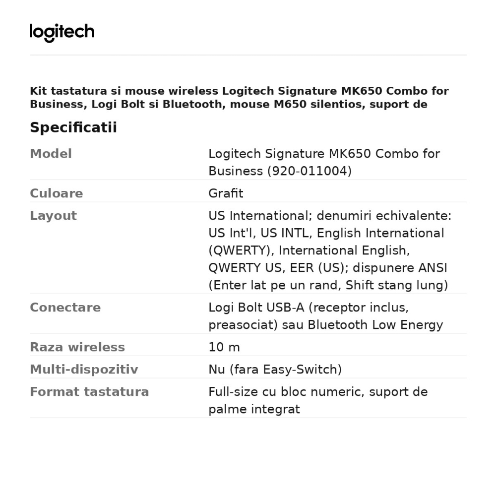 Kit tastatura si mouse wireless Logitech Signature MK650 Combo for Business, Logi Bolt si Bluetooth, mouse M650 silentios, suport de palme, layout US International, grafit, 920-011004 [3]