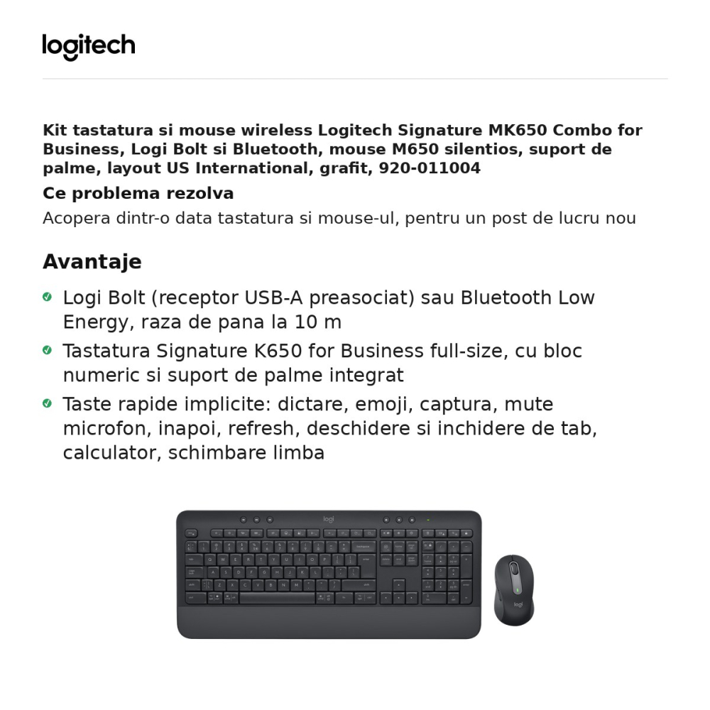 Kit tastatura si mouse wireless Logitech Signature MK650 Combo for Business, Logi Bolt si Bluetooth, mouse M650 silentios, suport de palme, layout US International, grafit, 920-011004 [2]