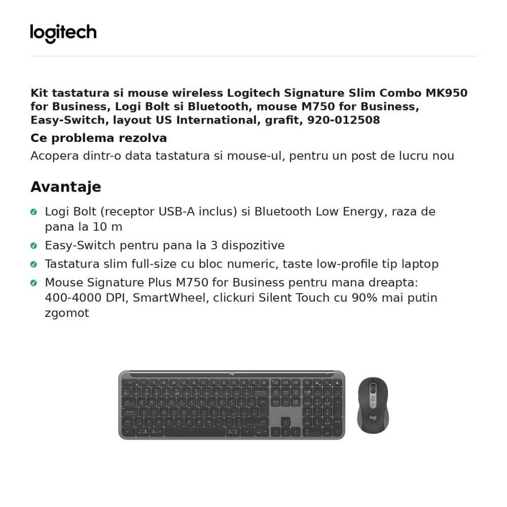 Kit tastatura si mouse wireless Logitech Signature Slim Combo MK950 for Business, Logi Bolt si Bluetooth, mouse M750 for Business, Easy-Switch, layout US International, grafit, 920-012508 [2]