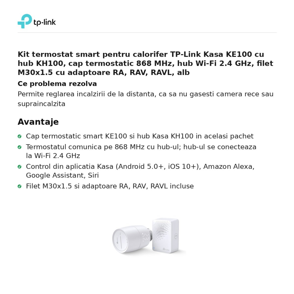 Kit termostat smart pentru calorifer TP-Link Kasa KE100 cu hub KH100, cap termostatic 868 MHz, hub Wi-Fi 2.4 GHz, filet M30x1.5 cu adaptoare RA, RAV, RAVL, alb [2]