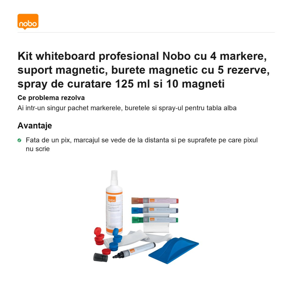Kit whiteboard profesional Nobo cu 4 markere, suport magnetic, burete magnetic cu 5 rezerve, spray de curatare 125 ml si 10 magneti [2]