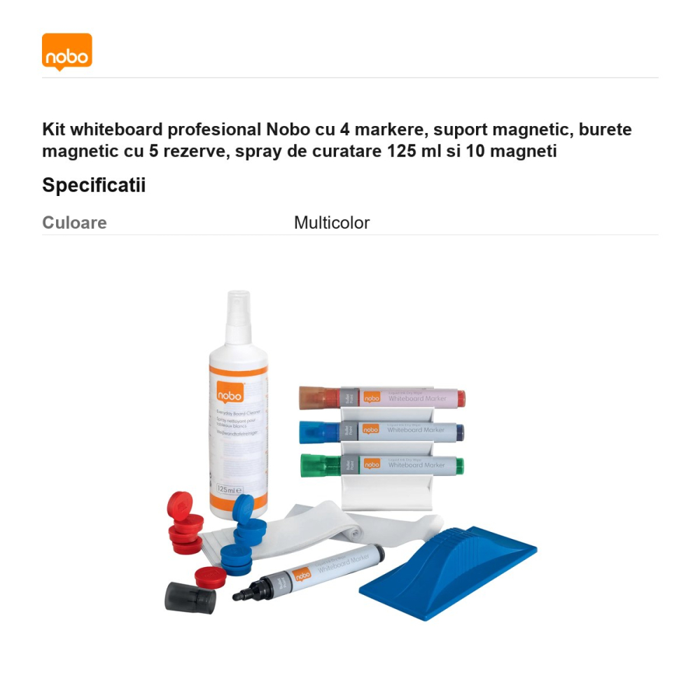 Kit whiteboard profesional Nobo cu 4 markere, suport magnetic, burete magnetic cu 5 rezerve, spray de curatare 125 ml si 10 magneti [3]