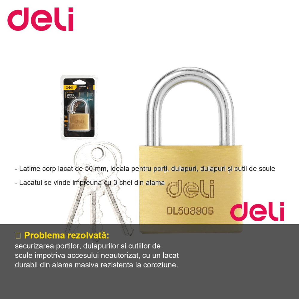 Lacat alama 50mm Deli, corp monobloc rezistent la coroziune, pentru porti, dulapuri si cutii de scule [2]