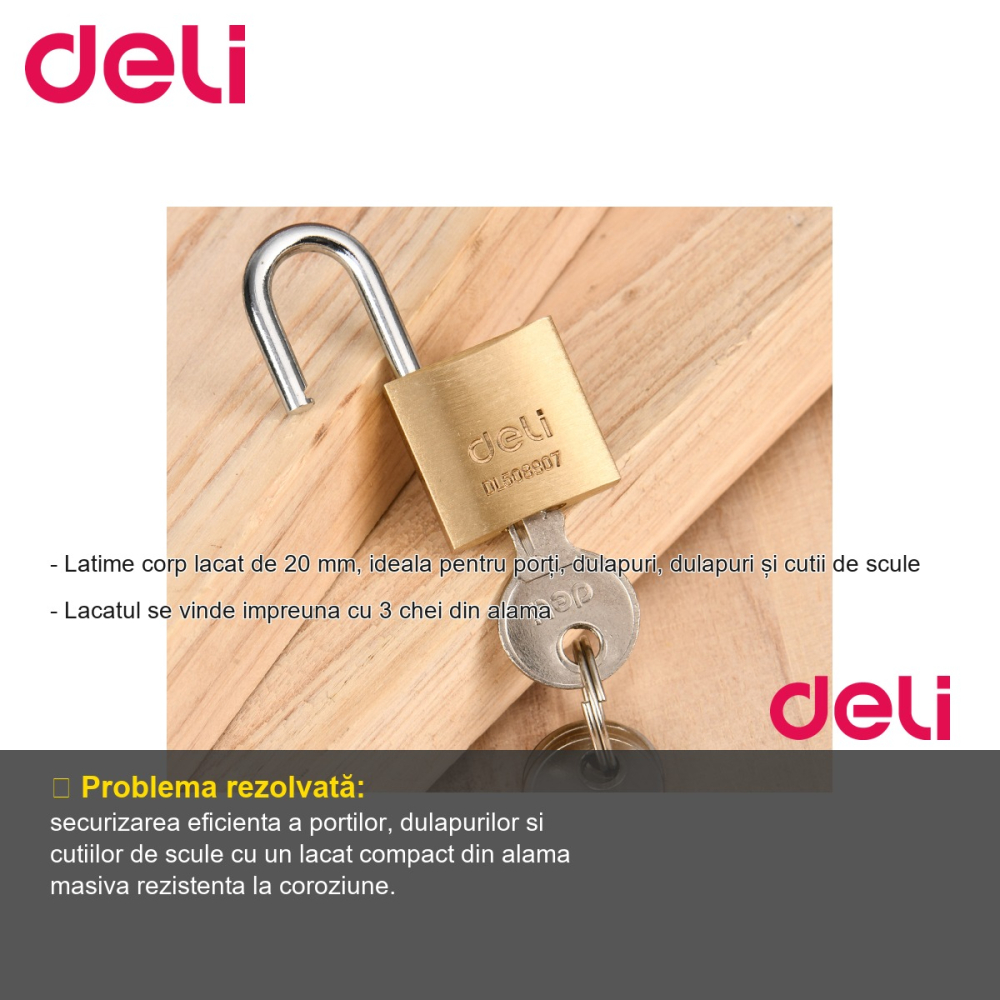 Lacat alama monobloc Deli, 20 mm, rezistent la coroziune, pentru porti, dulapuri si cutii de scule [2]