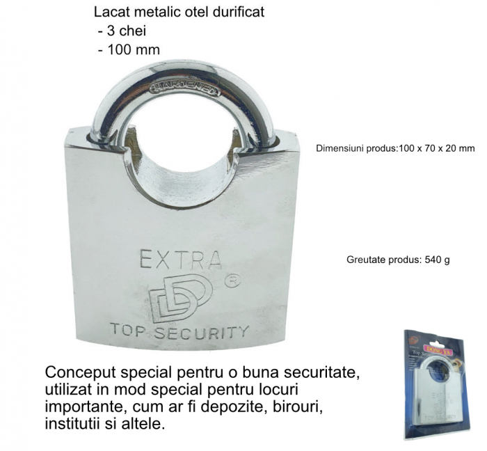 Lacat metalic, cu protectie Anti Spargere, FS-11432, otel durificat, 70 mm, 540g, argintiu [7]
