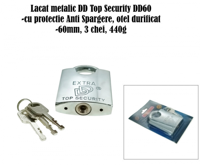 Lacat metalic DD60 Top Security, 60mm, cu protectie Anti Spargere, otel durificat, 3 chei, 440g, argintiu [5]