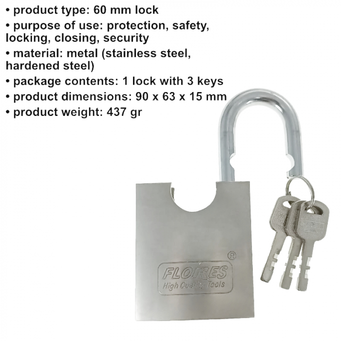 Lacat metalic inox Flores 11435, 60mm, cu protectie Anti Spargere, 3 chei, 437g, argintiu [5]