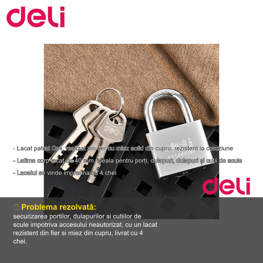 Lacat patrat Deli, corp fier 40 mm, miez cupru, rezistent la coroziune, pentru porti si dulapuri [2]