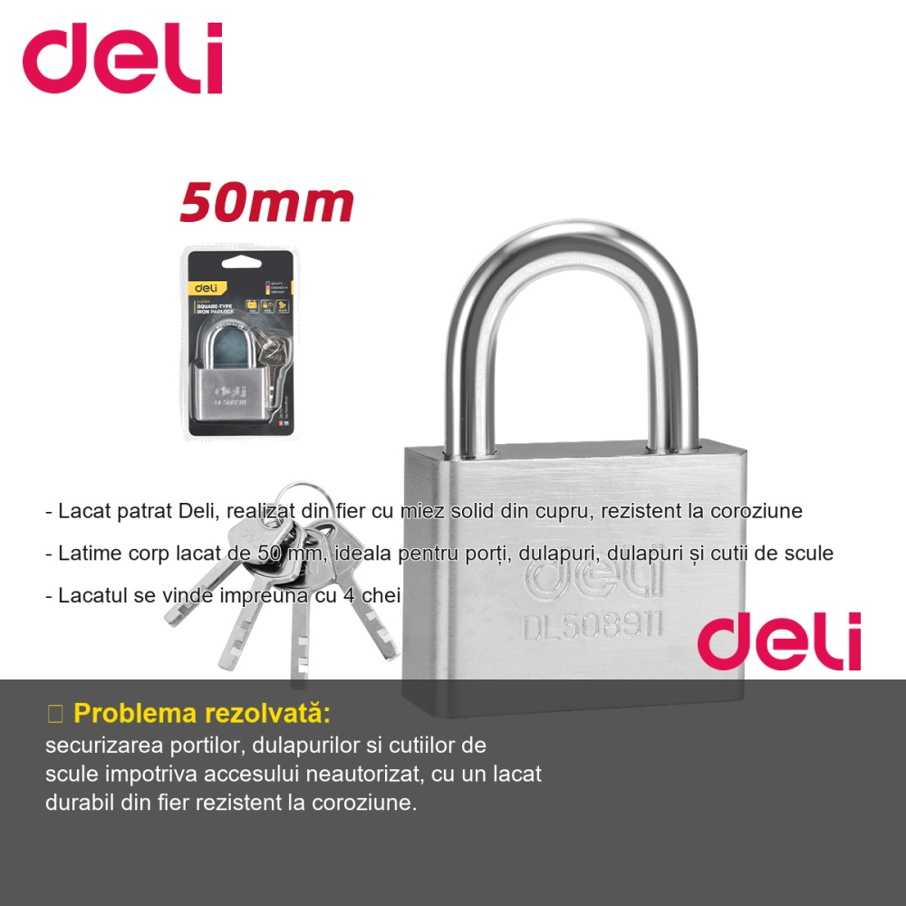 Lacat patrat Deli, fier cu miez din cupru, rezistent la coroziune, 50 mm, cu 4 chei incluse, pentru porti si dulapuri [2]