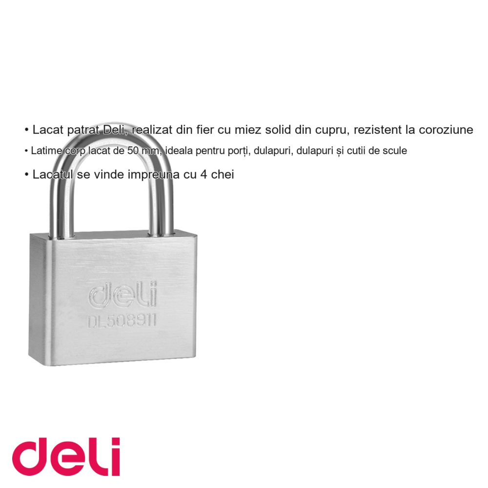 Lacat patrat Deli, fier cu miez din cupru, rezistent la coroziune, 50 mm, cu 4 chei incluse, pentru porti si dulapuri [3]