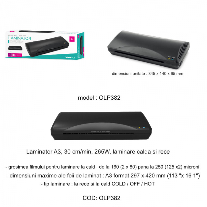 Laminator A3, Omega 45079, 30 cm/min, 265W, laminare calda si rece, negru [4]