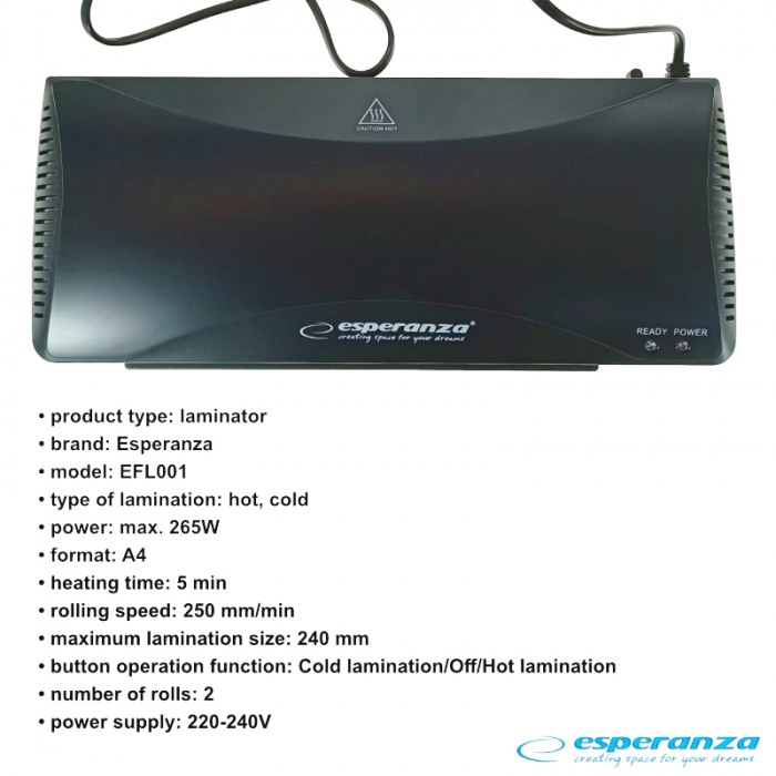 Laminator A4 Esperanza Infinity 93202, 250 mm/min, 265W, lungime cablu 130cm, negru [6]