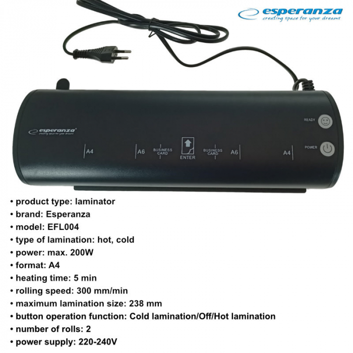 Laminator A4 Esperanza Interstellar 93251, 300 mm/min, laminare A6-A4-carte vizita, cablu alimentare de 130cm, negru [6]