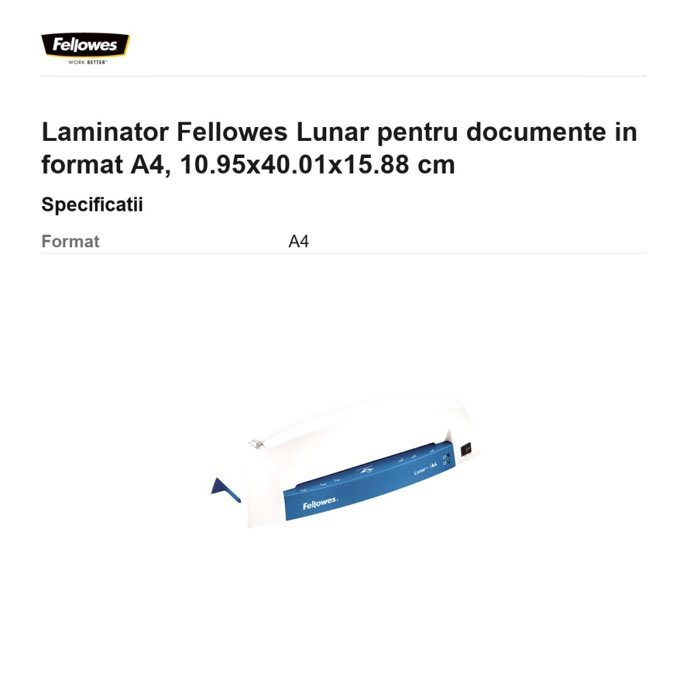 Laminator Fellowes Lunar pentru documente in format A4, 10.95x40.01x15.88 cm [3]